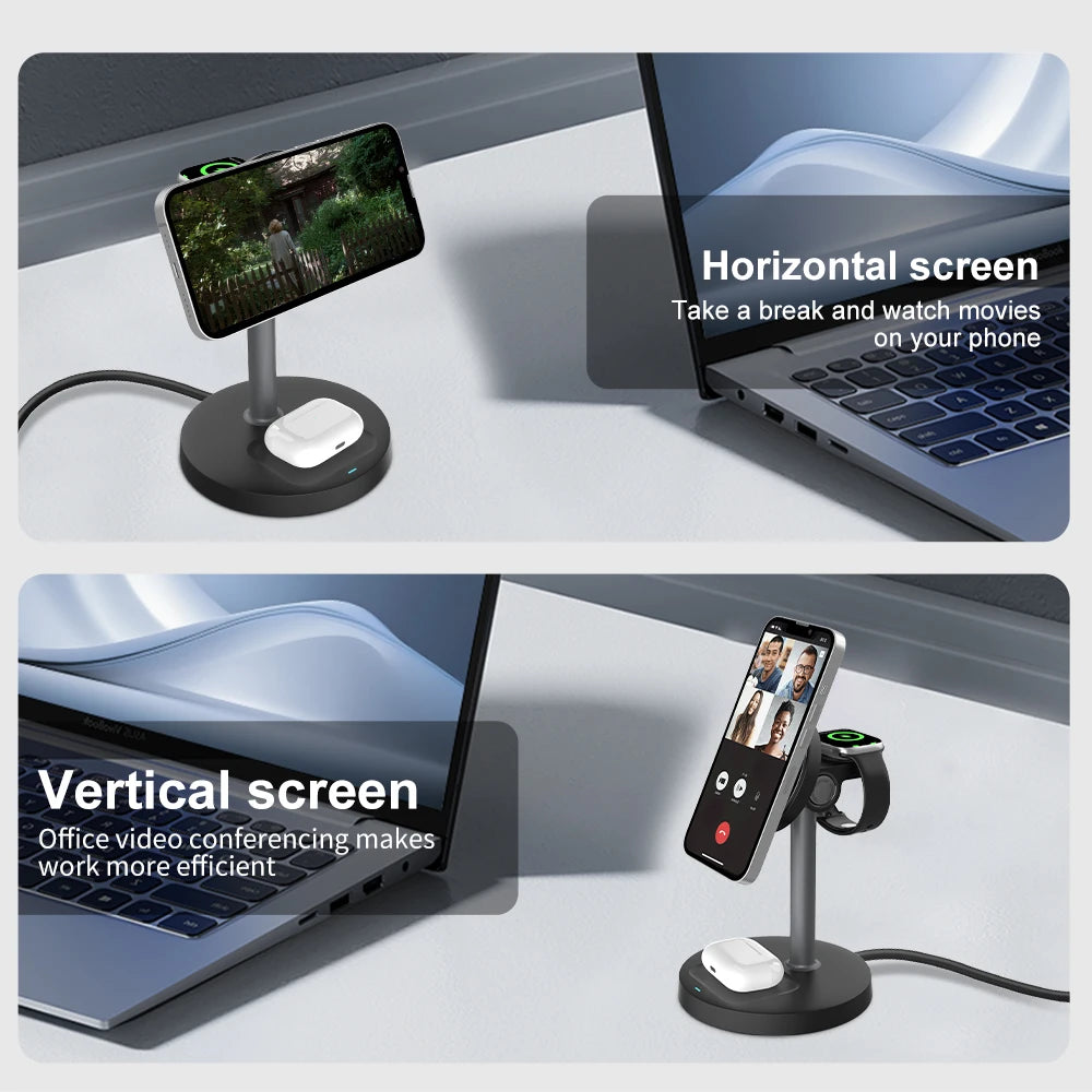 3-in-1 Magnetic Wireless Charging Stand – Phone, Watch & Earbuds