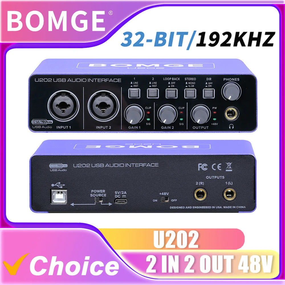 BOMGE U202 USB Audio Interface – 2-Channel, 48V Phantom Power