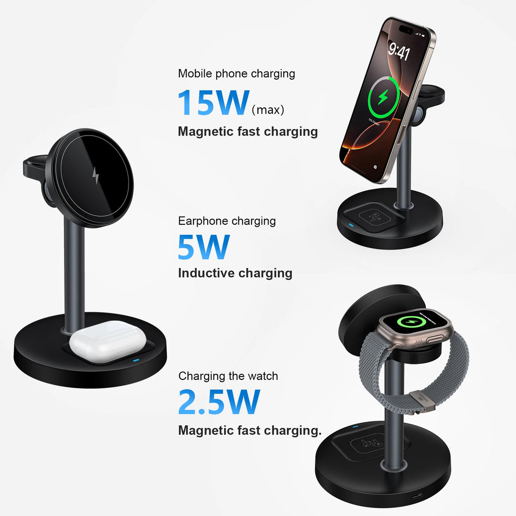 3-in-1 Magnetic Wireless Charging Stand – Phone, Watch & Earbuds