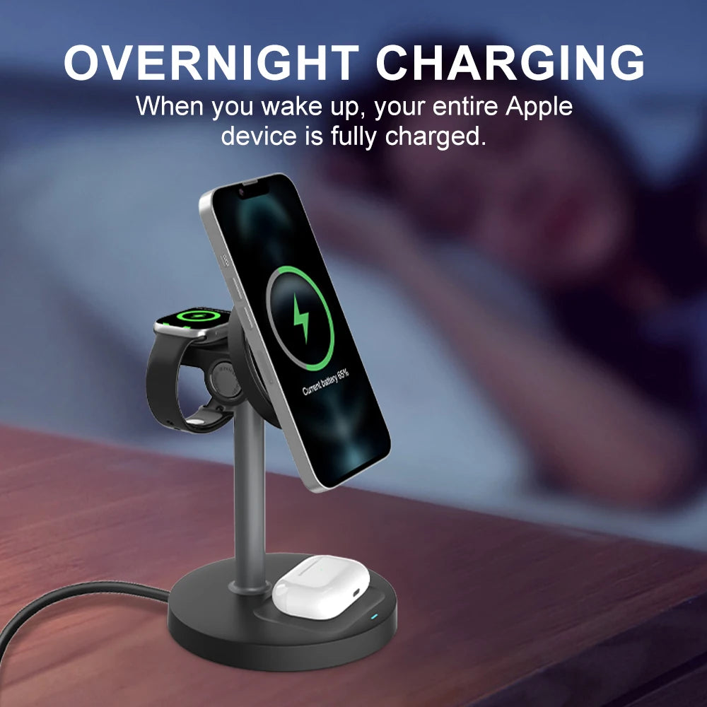 3-in-1 Magnetic Wireless Charging Stand – Phone, Watch & Earbuds